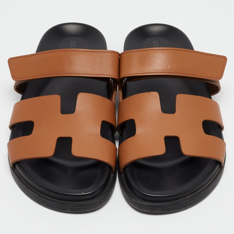 Pre Owned Hermes Tan Leather Chypre Slides Size 38.5