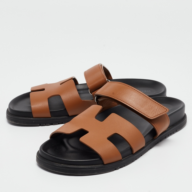 Pre Owned Hermes Tan Leather Chypre Slides Size 38.5
