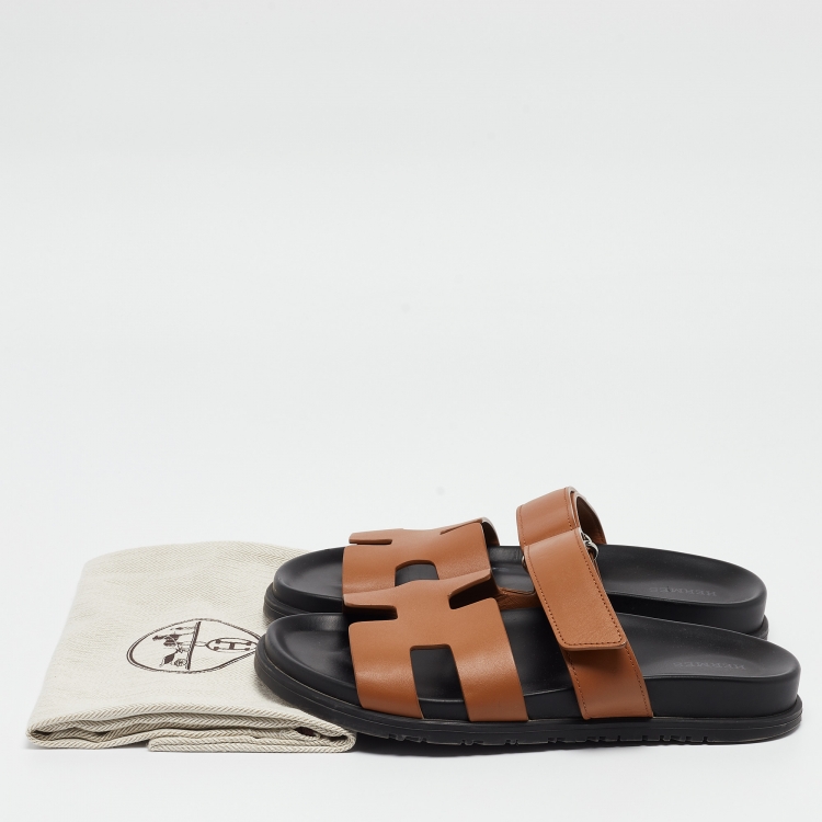 Pre Owned Hermes Tan Leather Chypre Slides Size 38.5