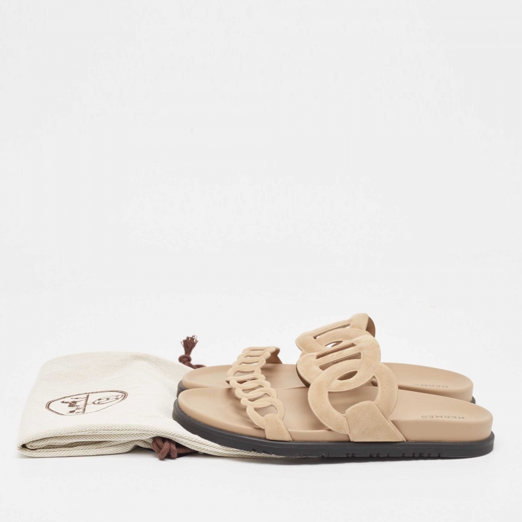 Pre Owned Hermes Light Brown Suede Extra Slides Size 38