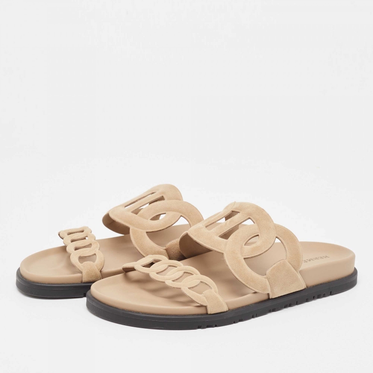 Pre Owned Hermes Light Brown Suede Extra Slides Size 38