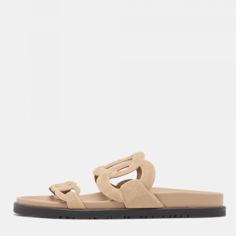 Pre Owned Hermes Light Brown Suede Extra Slides Size 38