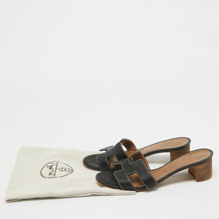 مملوكة مسبقًا Hermes Black Leather Oasis Slide Sandals Size 37