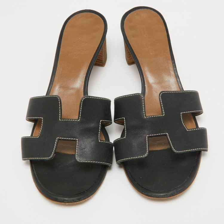 مملوكة مسبقًا Hermes Black Leather Oasis Slide Sandals Size 37