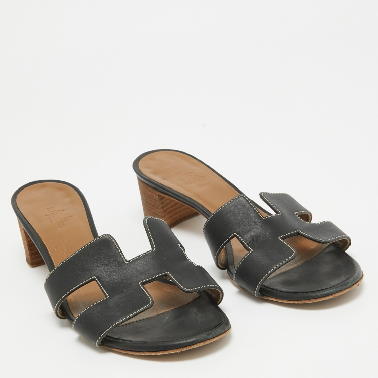 مملوكة مسبقًا Hermes Black Leather Oasis Slide Sandals Size 37