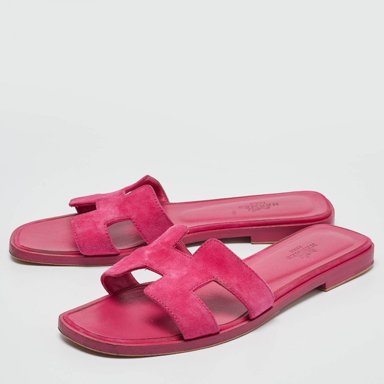 Pre Owned Hermes Pink Suede Oran Flat Slides Size 36.5