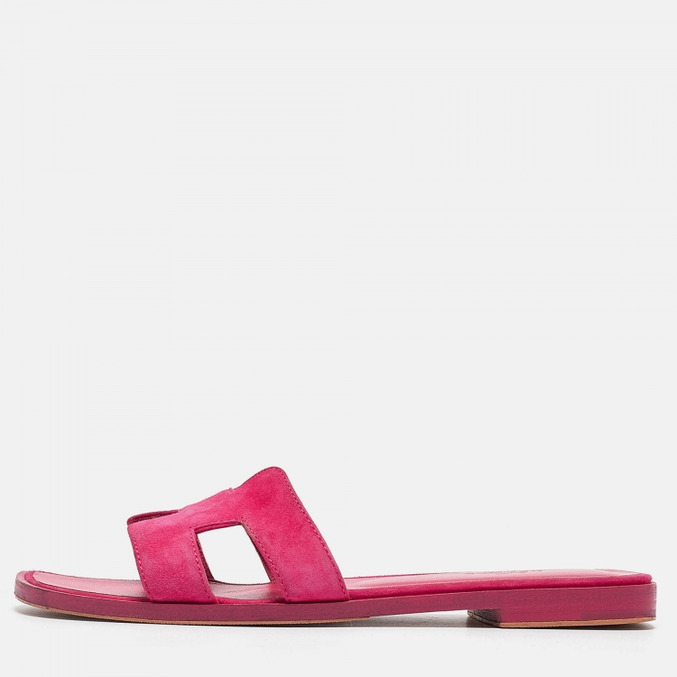 Pre Owned Hermes Pink Suede Oran Flat Slides Size 36.5
