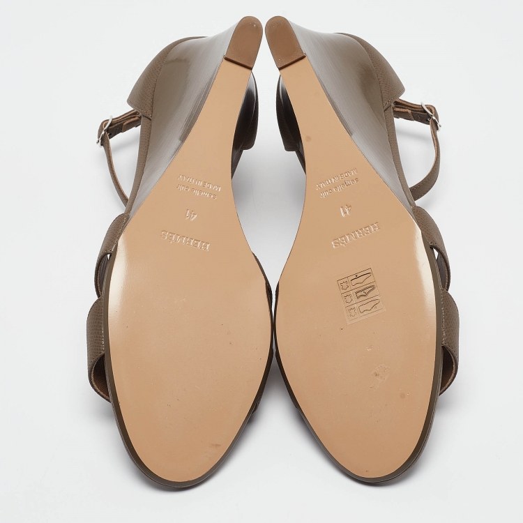 Pre Owned Hermes Brown Leather Legend Wedge Sandals Size 41