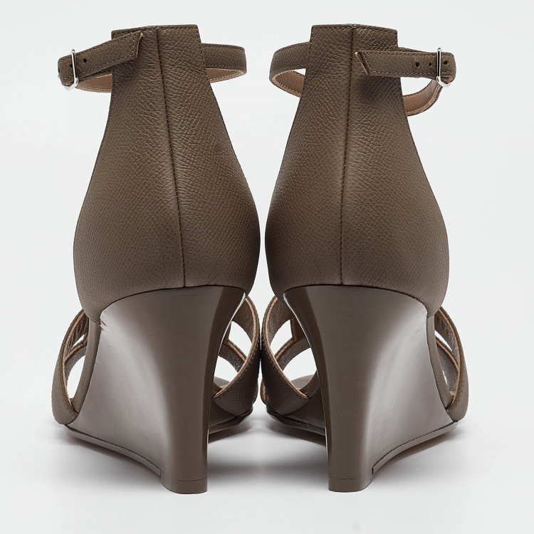 Pre Owned Hermes Brown Leather Legend Wedge Sandals Size 41