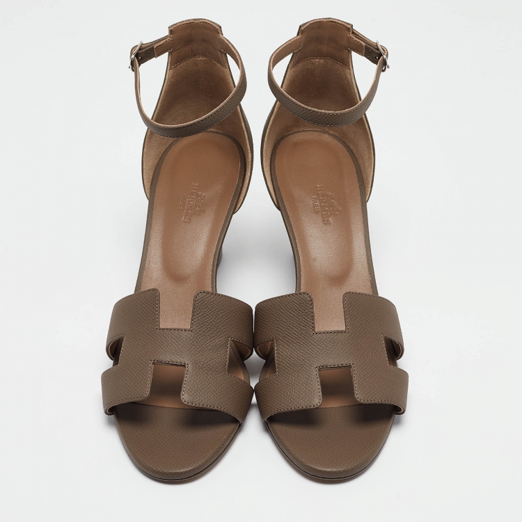 Pre Owned Hermes Brown Leather Legend Wedge Sandals Size 41