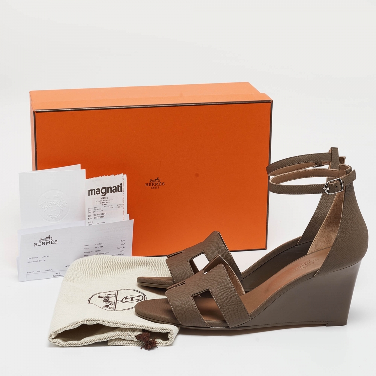 Pre Owned Hermes Brown Leather Legend Wedge Sandals Size 41