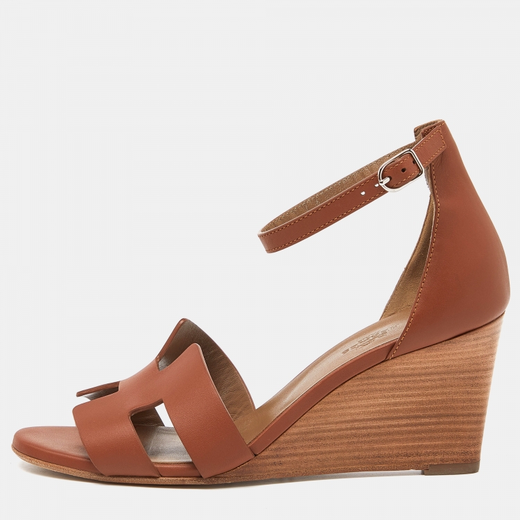 Pre Owned Hermes Brown Leather Legend Wedge Sandals Size 38.5