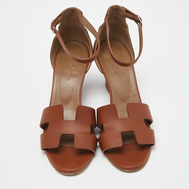 Pre Owned Hermes Brown Leather Legend Wedge Sandals Size 38.5
