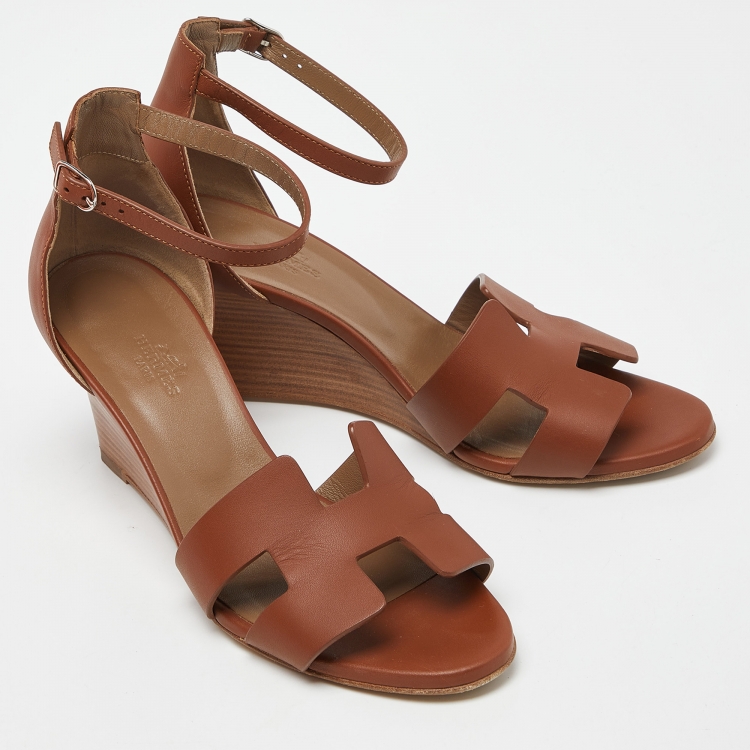 Pre Owned Hermes Brown Leather Legend Wedge Sandals Size 38.5