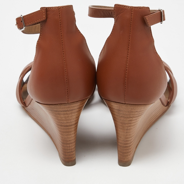 Pre Owned Hermes Brown Leather Legend Wedge Sandals Size 38.5