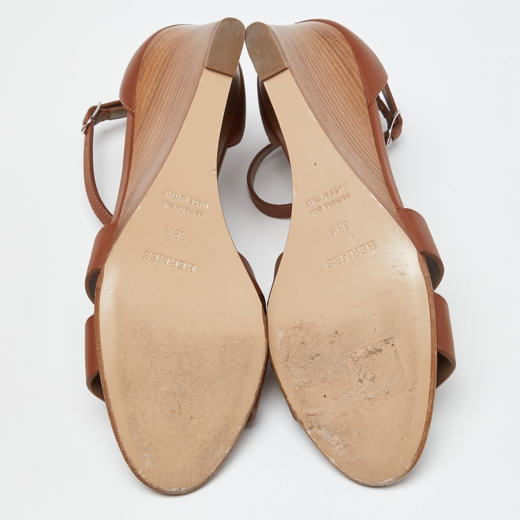 Pre Owned Hermes Brown Leather Legend Wedge Sandals Size 38.5