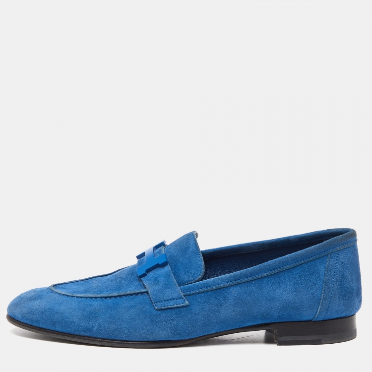 Pre Owned Hermes Blue Suede Paris Loafers Size 38