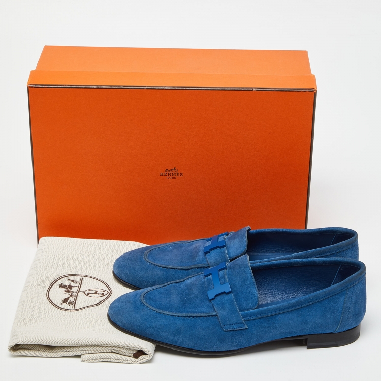 Pre Owned Hermes Blue Suede Paris Loafers Size 38