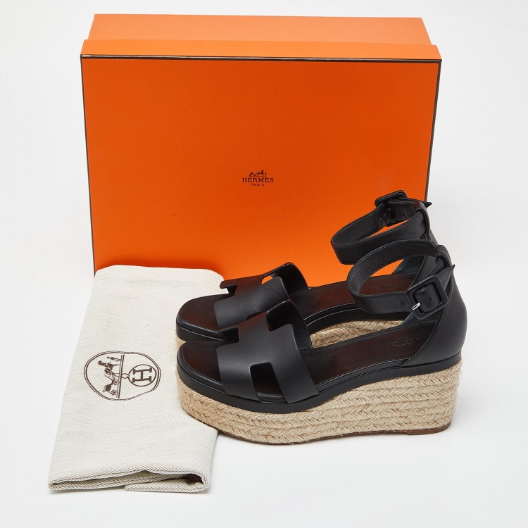 Pre Owned Hermes Black Leather Elda Espadrille Sandals Size 37