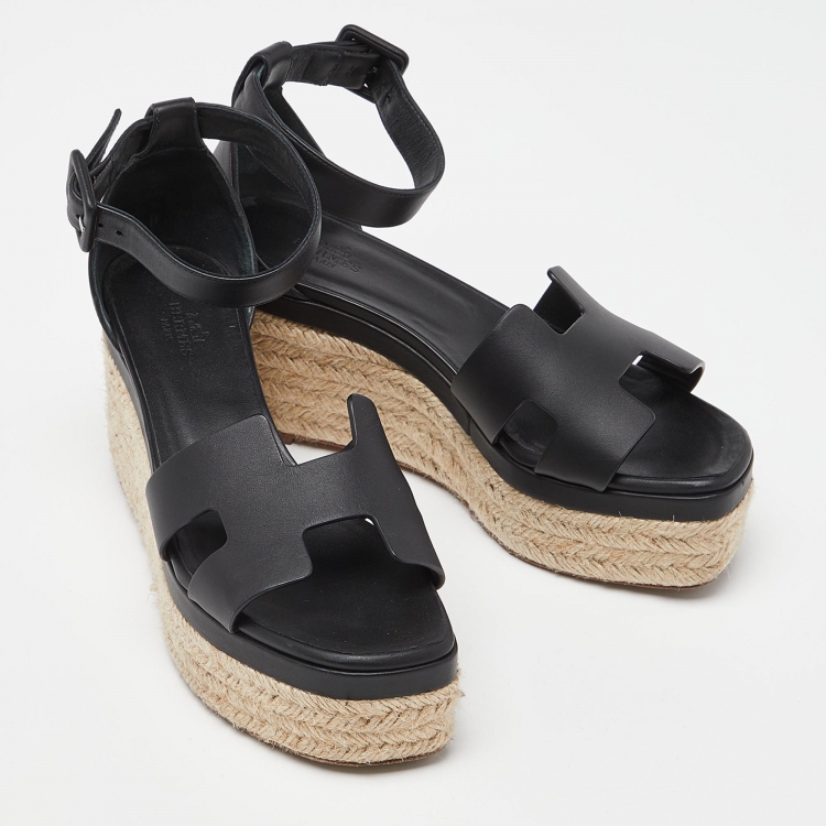 Pre Owned Hermes Black Leather Elda Espadrille Sandals Size 37