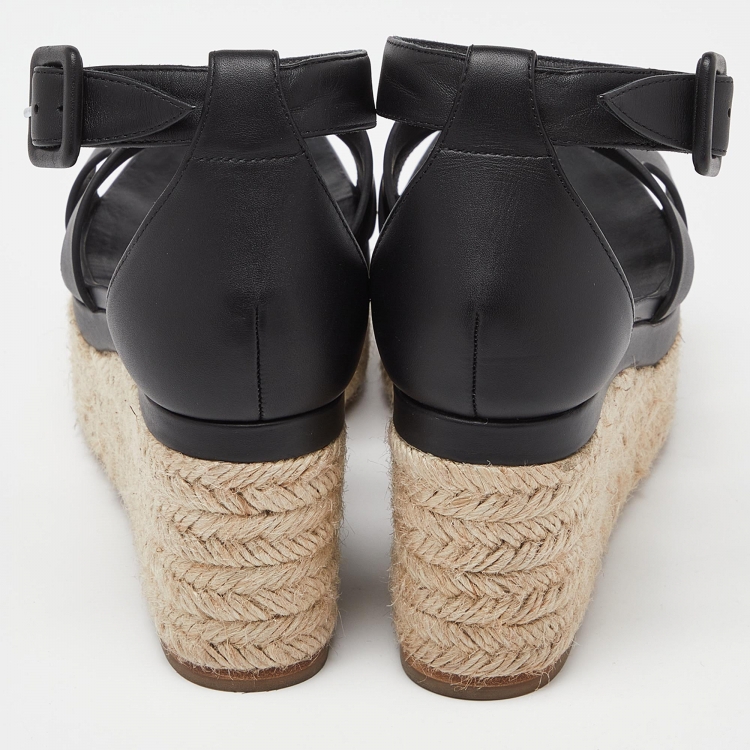 Pre Owned Hermes Black Leather Elda Espadrille Sandals Size 37