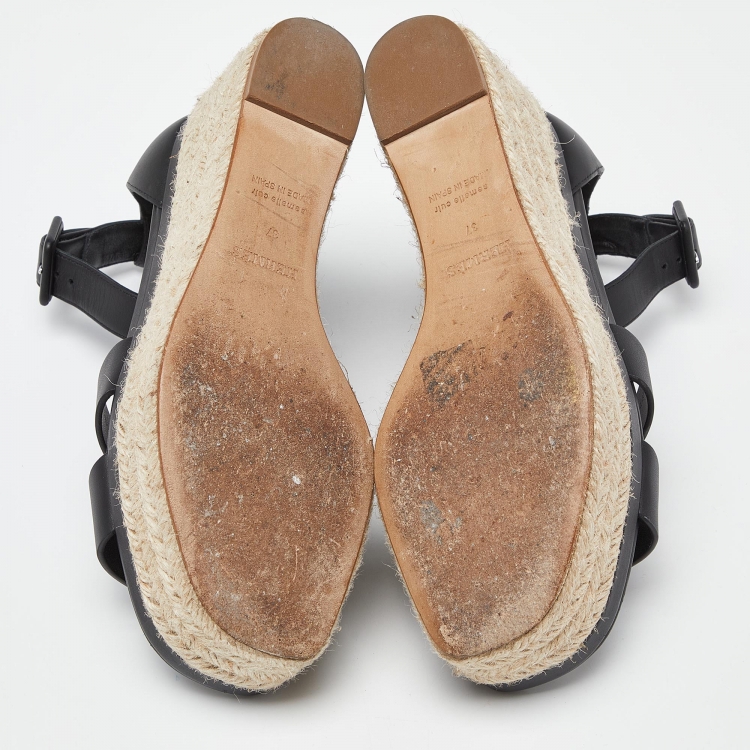 Pre Owned Hermes Black Leather Elda Espadrille Sandals Size 37