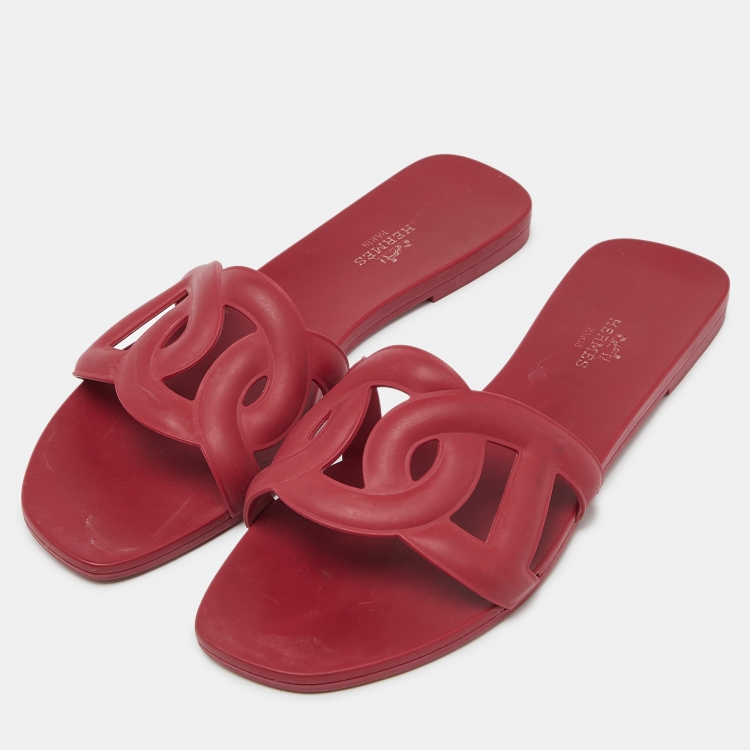 Pre Owned Hermes Red Rubber Aloha Flat Slides Size 39