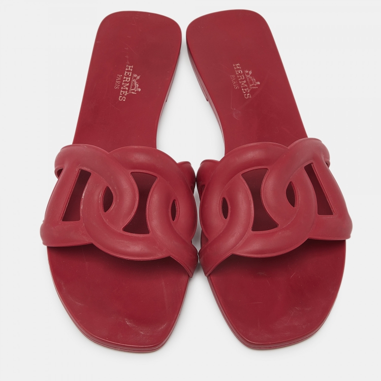Pre Owned Hermes Red Rubber Aloha Flat Slides Size 39