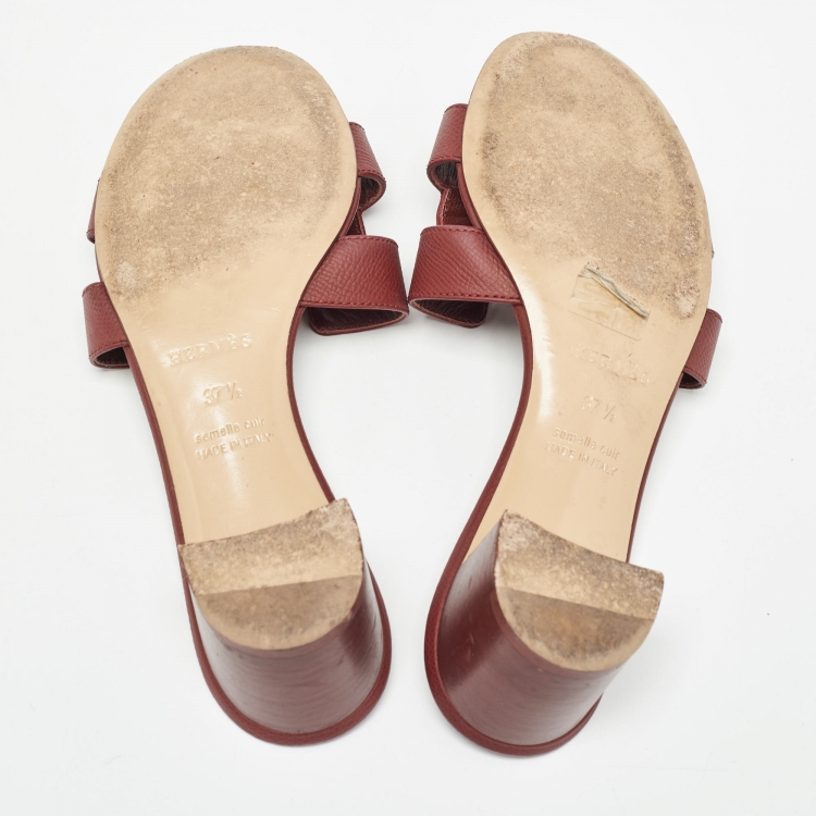 Pre Owned Hermes Burgundy Leather Oasis Slide Sandals Size 37.5 