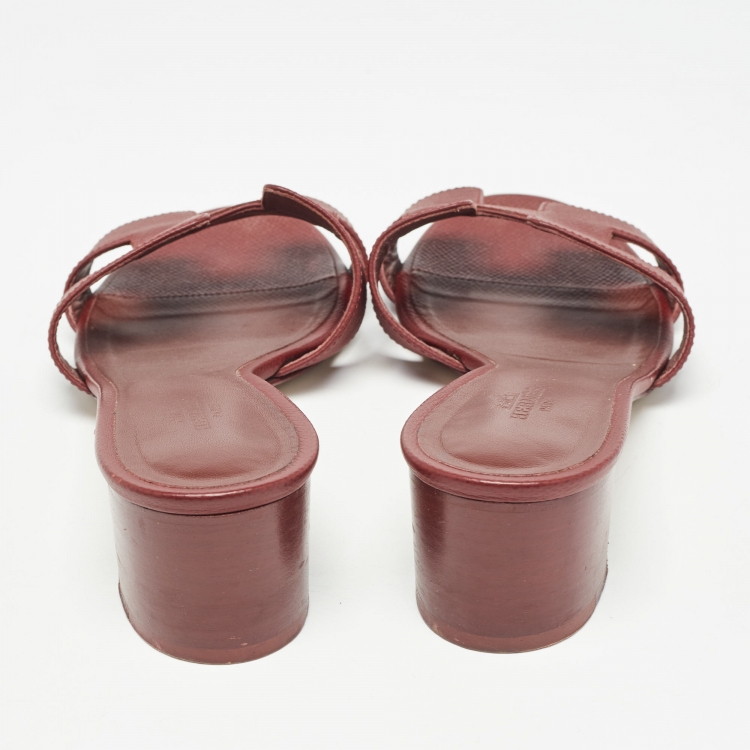Pre Owned Hermes Burgundy Leather Oasis Slide Sandals Size 37.5 