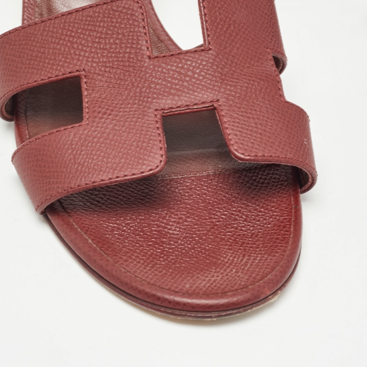 Pre Owned Hermes Burgundy Leather Oasis Slide Sandals Size 37.5 