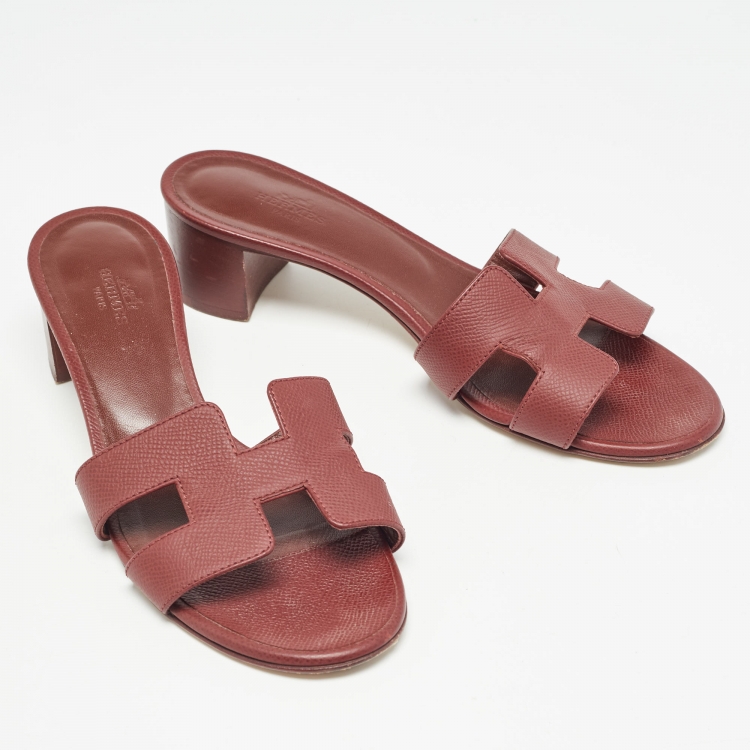 Pre Owned Hermes Burgundy Leather Oasis Slide Sandals Size 37.5 