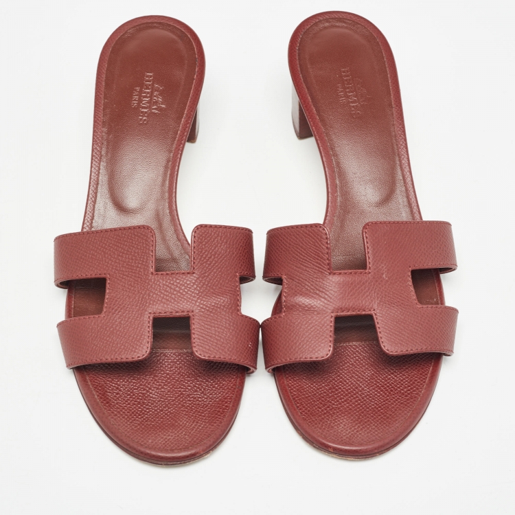 Pre Owned Hermes Burgundy Leather Oasis Slide Sandals Size 37.5 