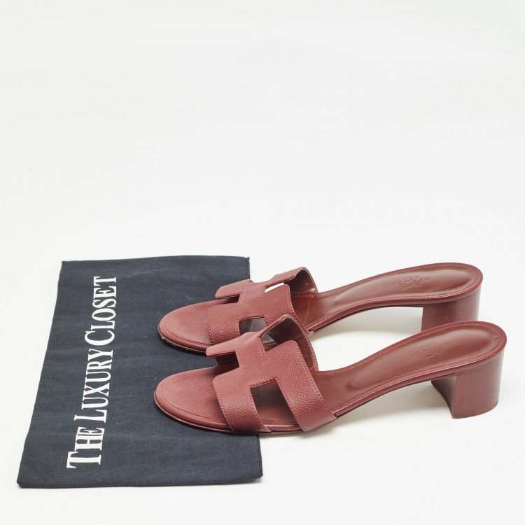 Pre Owned Hermes Burgundy Leather Oasis Slide Sandals Size 37.5 