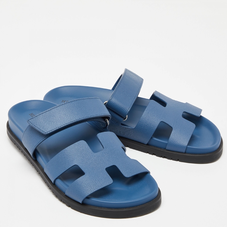 Pre Owned Hermès  Blue Leather Chypre Sandals Size 38.5