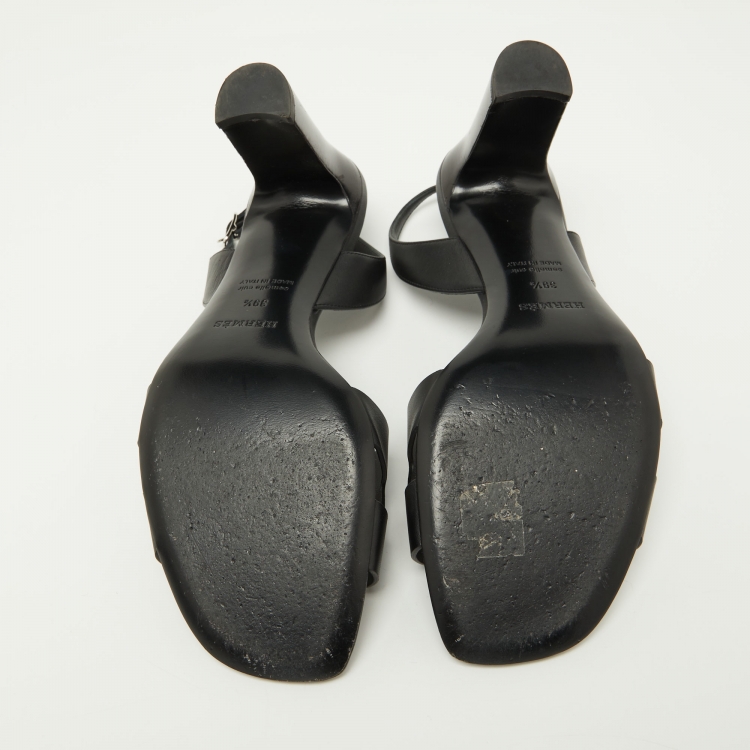 Pre Owned Hermes Black Leather Night Slingback Sandals Size 39.5