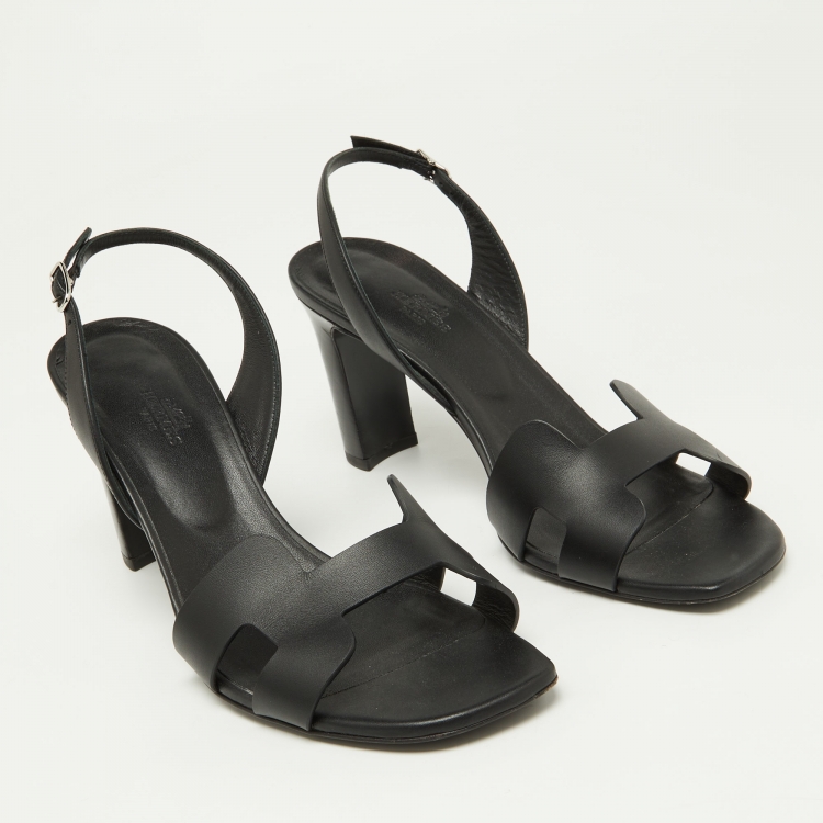 Pre Owned Hermes Black Leather Night Slingback Sandals Size 39.5