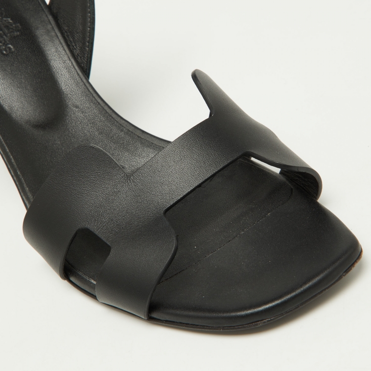 Pre Owned Hermes Black Leather Night Slingback Sandals Size 39.5