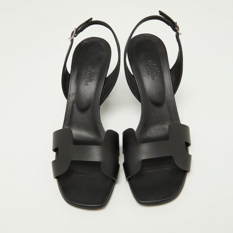 Pre Owned Hermes Black Leather Night Slingback Sandals Size 39.5