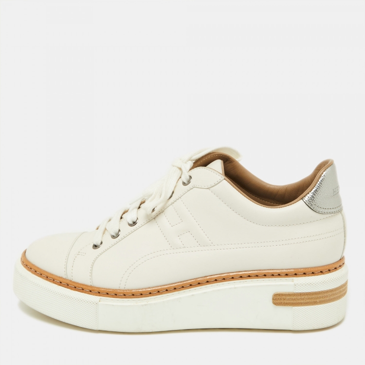 Pre Owned Hermès White/Silver Leather Trail Low Top Sneakers Size 39
