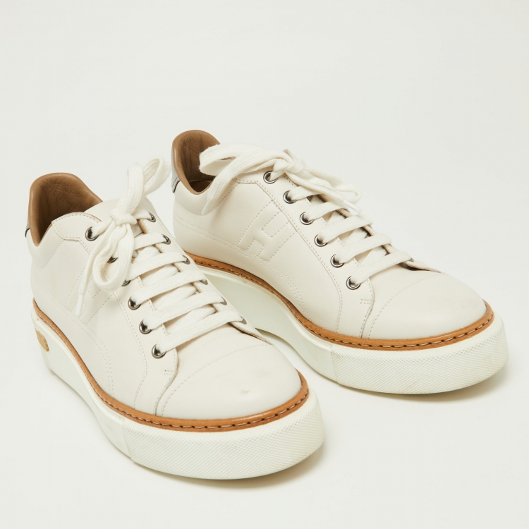 Pre Owned Hermès White/Silver Leather Trail Low Top Sneakers Size 39