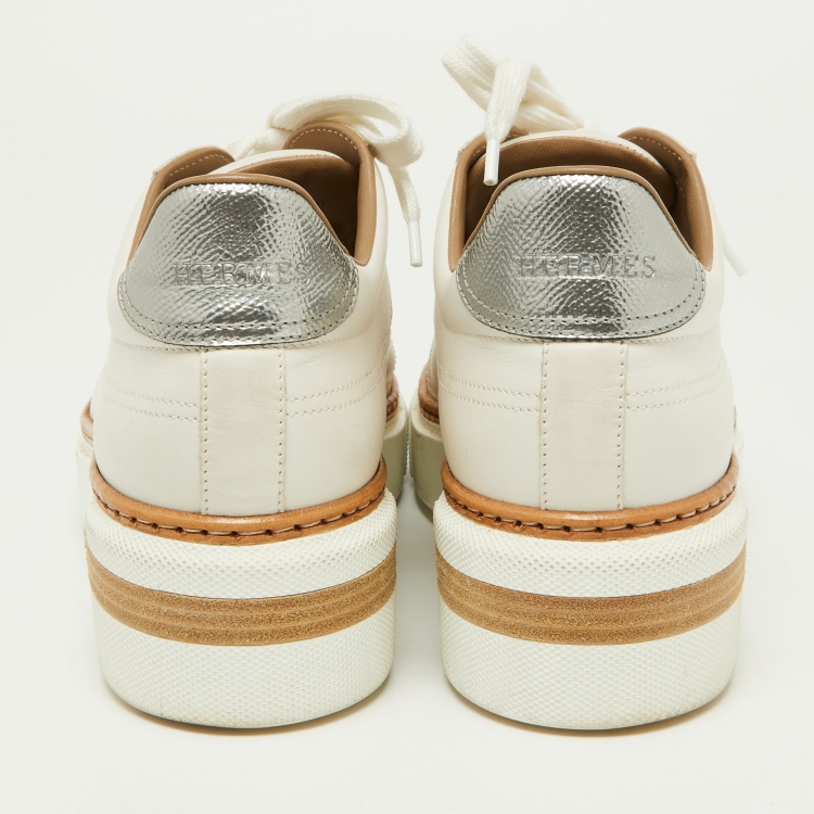 Pre Owned Hermès White/Silver Leather Trail Low Top Sneakers Size 39