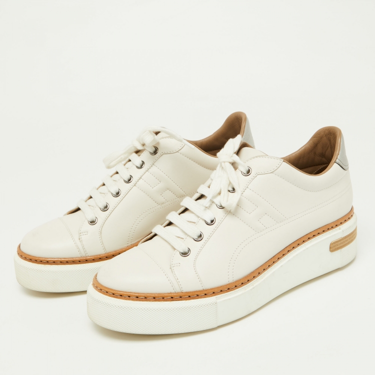 Pre Owned Hermès White/Silver Leather Trail Low Top Sneakers Size 39