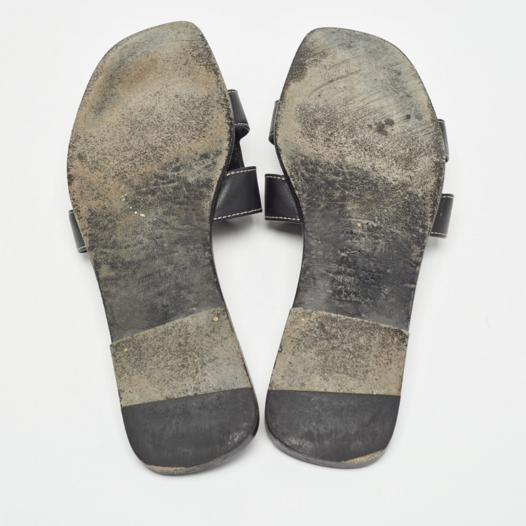 Pre Owned Hermes Black Leather Oran Flat Slides Size 41