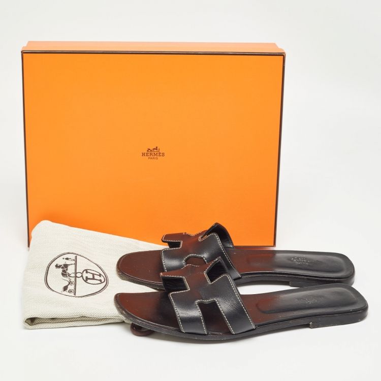 Pre Owned Hermes Black Leather Oran Flat Slides Size 41