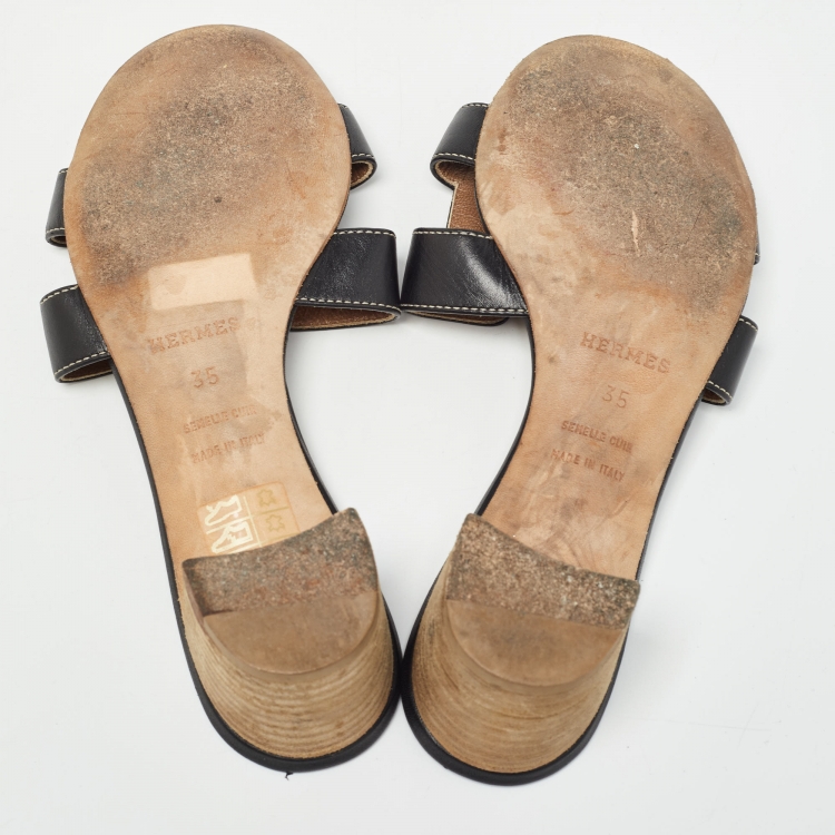 Pre Owned Hermes Black Leather Oasis Slide Sandals Size 35