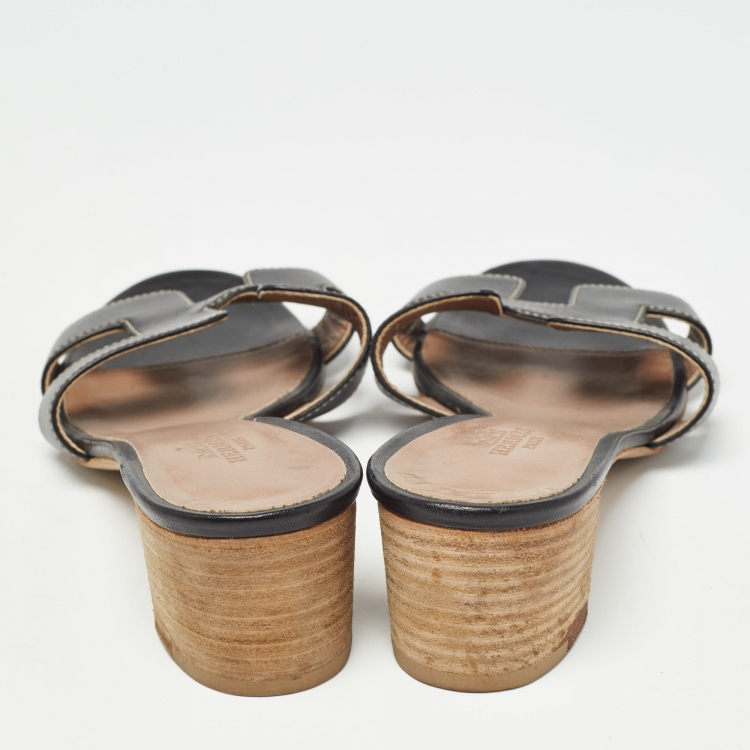 Pre Owned Hermes Black Leather Oasis Slide Sandals Size 35