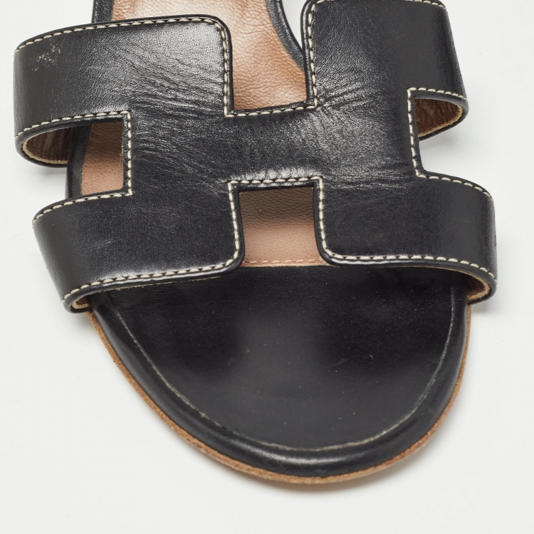 Pre Owned Hermes Black Leather Oasis Slide Sandals Size 35
