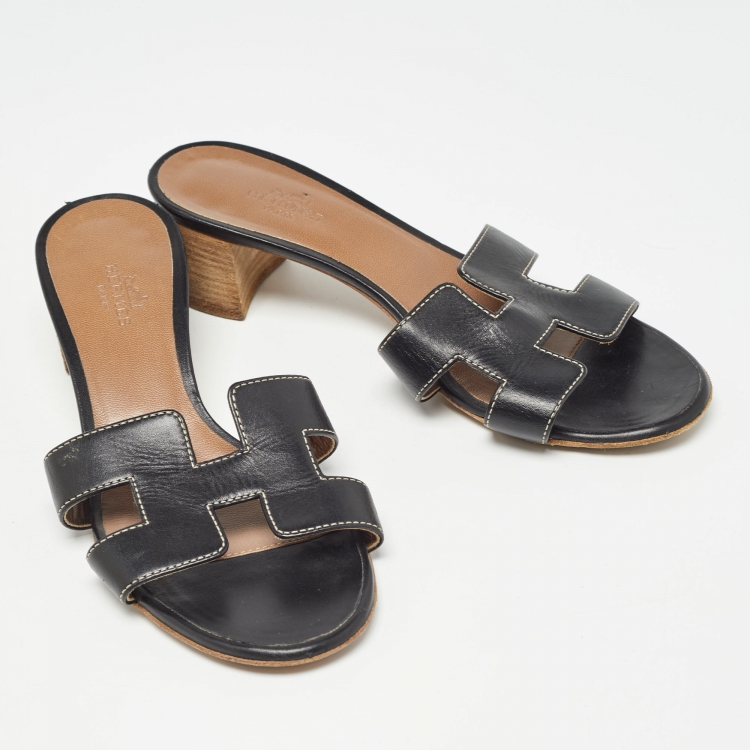 Pre Owned Hermes Black Leather Oasis Slide Sandals Size 35
