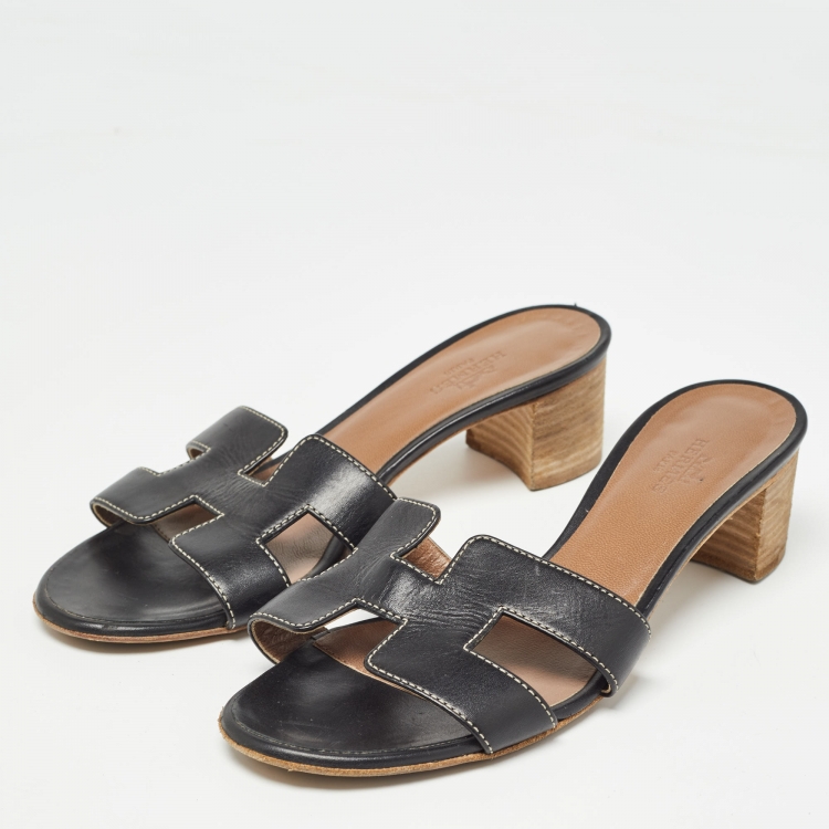 Pre Owned Hermes Black Leather Oasis Slide Sandals Size 35